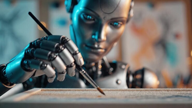 Un robot artista futuristico che mostra le sue abilità pittoriche con precisione e maestria, evidenziando la fusione di tecnologia e creatività nel mondo dell'arte moderna