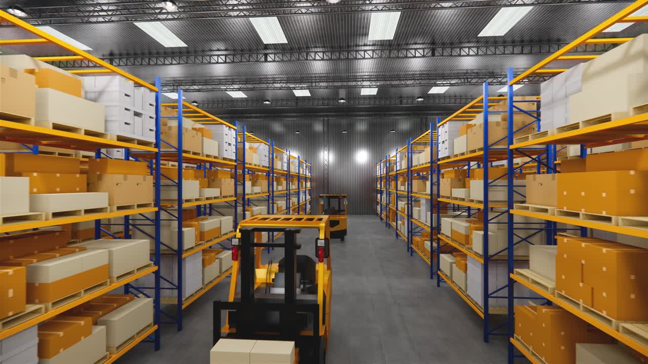 Warehouse with cardboard boxes inside on pallets racks, logistic center. Loft modern warehouse. Cardboard boxes on a conveyor belt in a warehouse, 4K 3D rendering  animation .