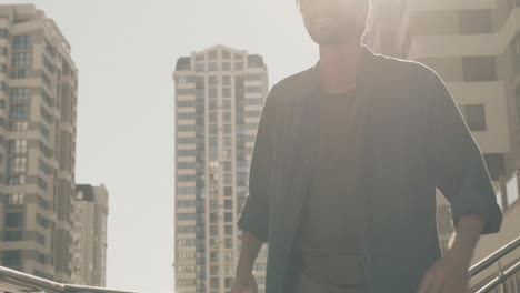 man walking in a city