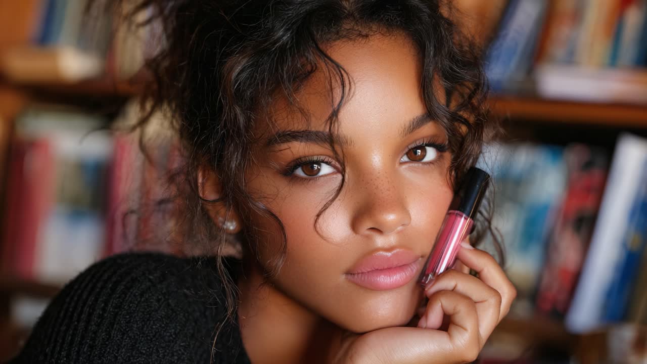 Captivating Beauty: A Close-up Portrait of a Young Woman with Glossy Lips Holding a Lipstick in a Cozy Library Setting