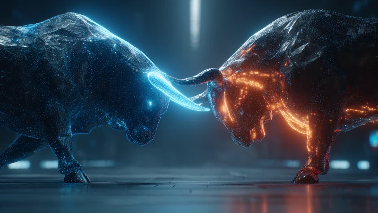 Un duelo digital entre dos toros poderosos: una representación artística de fuerza, competencia y genialidad en un entorno futurista