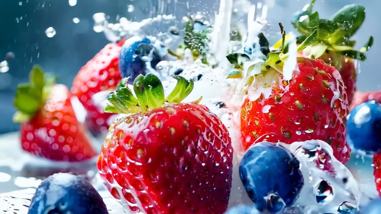 un montón de fresas y arándanos salpicando en el agua