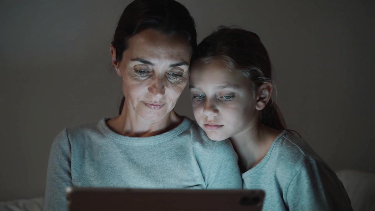 Tablet glow drawing mother and daughter leaning on sofa, wearing light gray tops, watching story