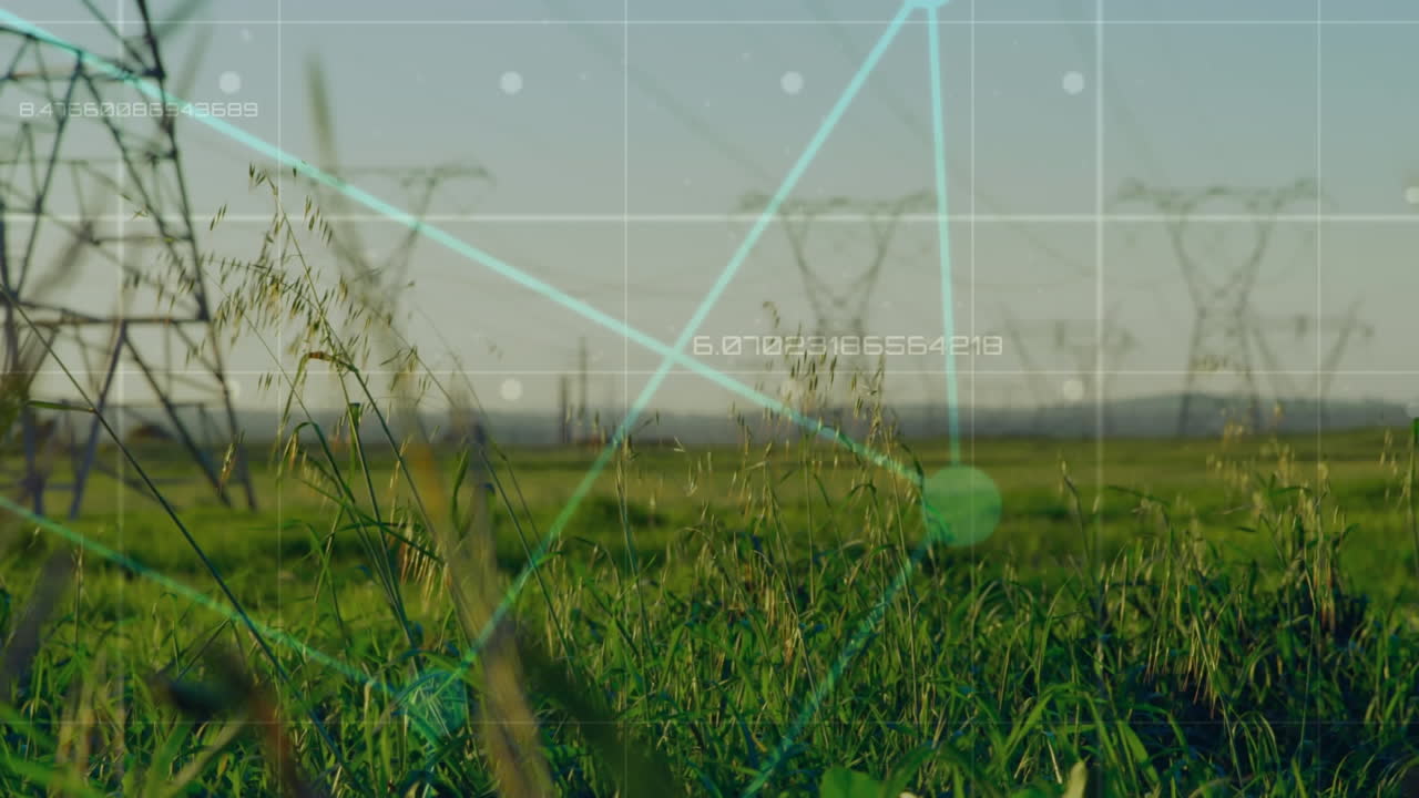 animación del procesamiento de datos y el cuadrado sobre el paisaje con torres eléctricas