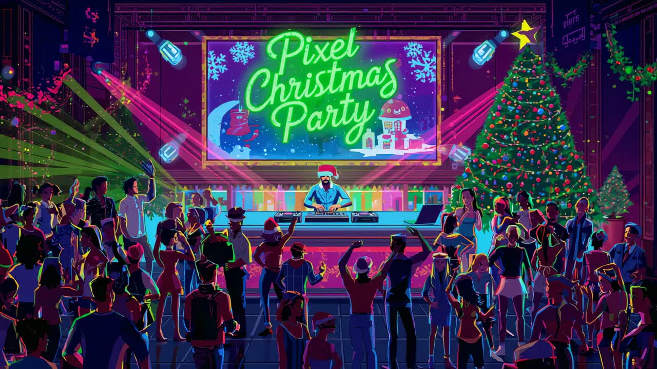 Mixing DJ in Santa hat manipulating mixer, lights shifting, Pixel Xmas Party sign lighting cheer
