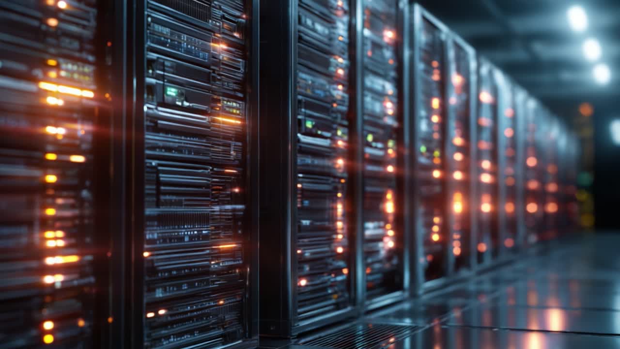 A High-Tech Data Center Displaying Rows of Illuminated Server Racks, Showcasing Advanced Technology and Infrastructure in a Modern Computing Environment