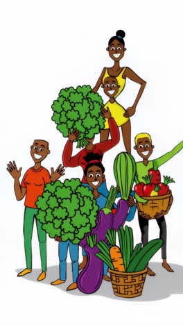 happy diverse group holding fresh vegetables