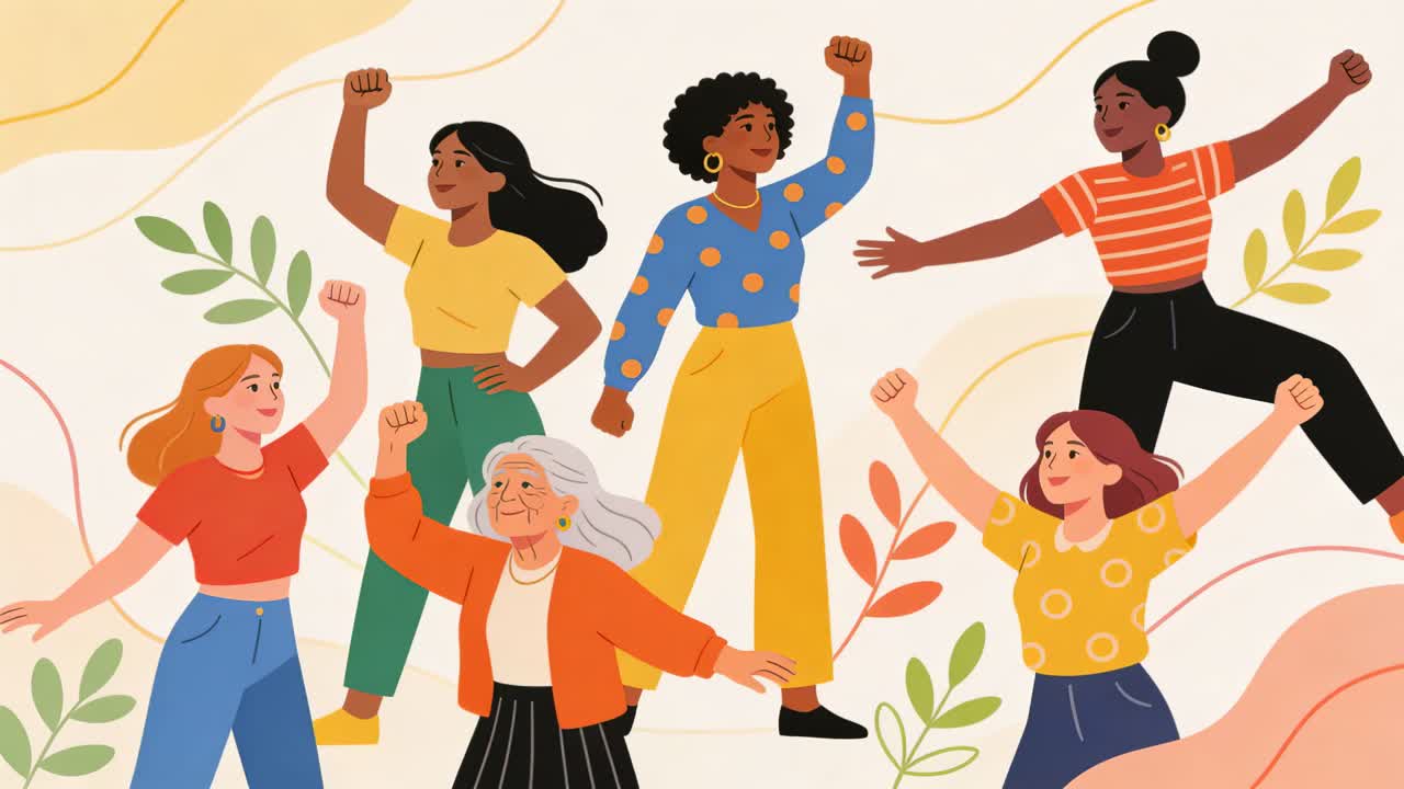 Animating frames shifting seven women raising fists and stepping on botanic backdrop, tops, unity