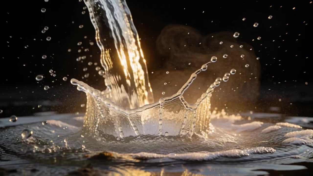 Un getto d'acqua che cade e colpisce una pozza poco profonda in uno studio buio, formando una corona e mostrando il flusso del fluido.