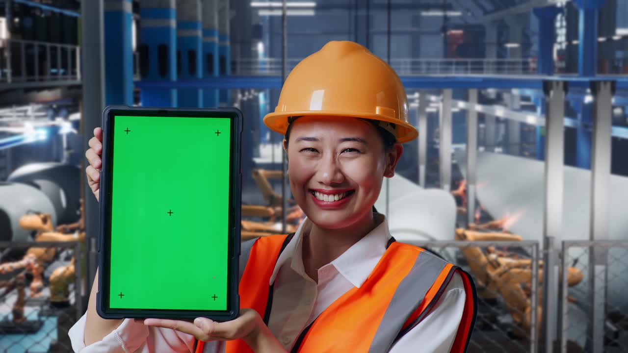 안전 헬을 입은 아시아 여성 엔지니어가 풍력 터빈 제조 공장에서 서서 미소 짓고 로 팔이 작동하는 동안 카메라에 녹색 화면 태블릿을 보여줍니다.