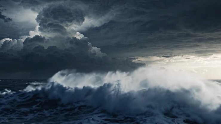 Une transition captivante de mers orageuses : observer les changements spectaculaires des eaux océaniques sous des nuages assombrissants et une lumière émergente.