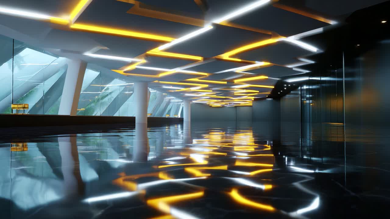 A Stunning View of a Modern Interior Space Featuring Innovative Lighting Design and Reflective Surfaces, Showcasing a Sleek and Contemporary Aesthetic with Intriguing Geometric Patterns and Colors