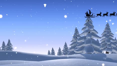 Animation-of-santa-riding-sleigh-over-snow-falling-on-land-and-trees-against-clear-sky
