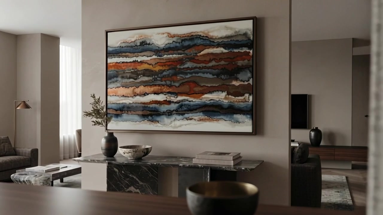 Pohybující se záclona, kamera se posouvá vpřed doma, odhaluje abstraktní obraz, mramorovou konzoli.