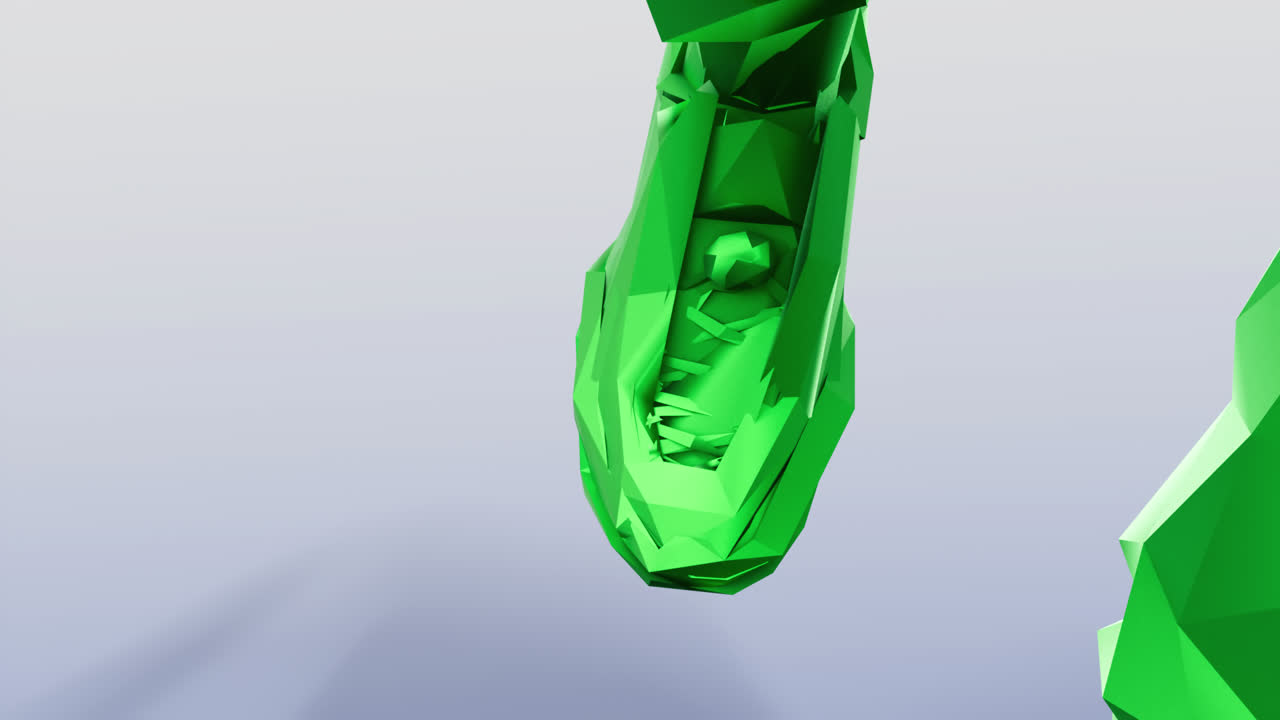 3D renderovaná zelená nízkopolygonová postava běžící směrem k fotoaparátu.