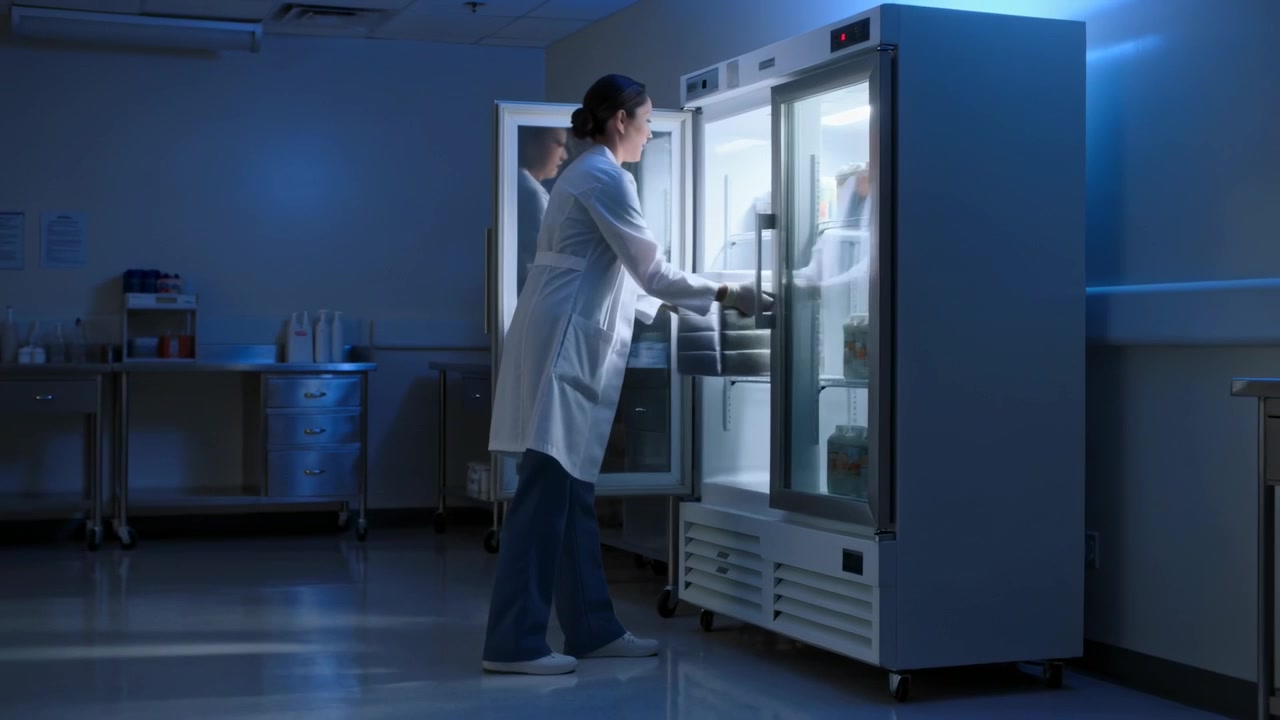 Rifornimento della sala forniture: un tecnico in camice e divisa medica cammina tenendo dei vassoi, apre il frigorifero e ripone.