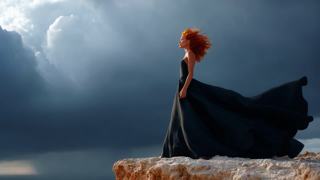 A Majestic Figure in a Flowing Black Dress Stands on a Rocky Outcrop Against a Dramatic Sky, Capturing a Moment of Strength and Serenity Amidst the Tumultuous Clouds