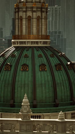 closeup of a green dome on a tall building in a city