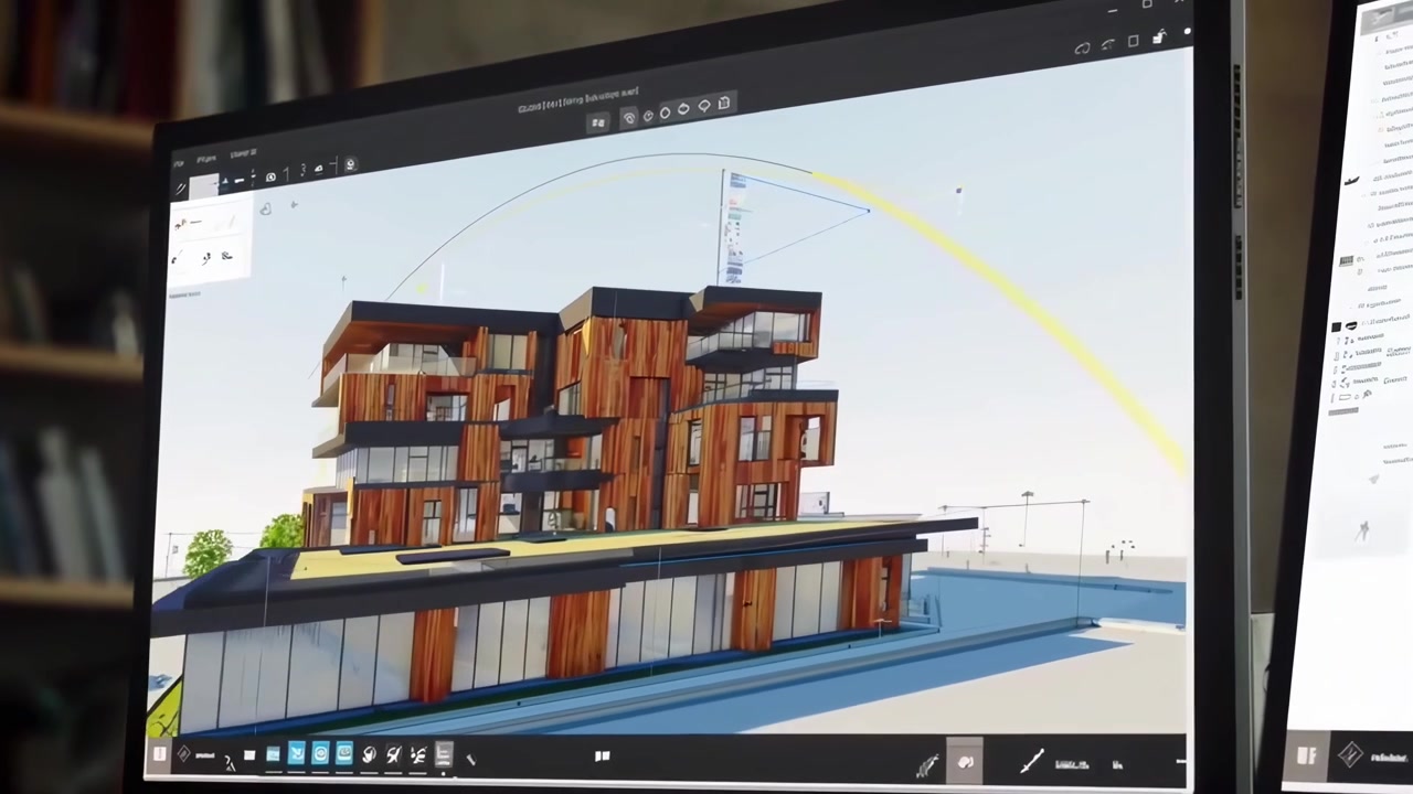 Architect Designing 3D Building Model and Floor Plans on Dual Monitors