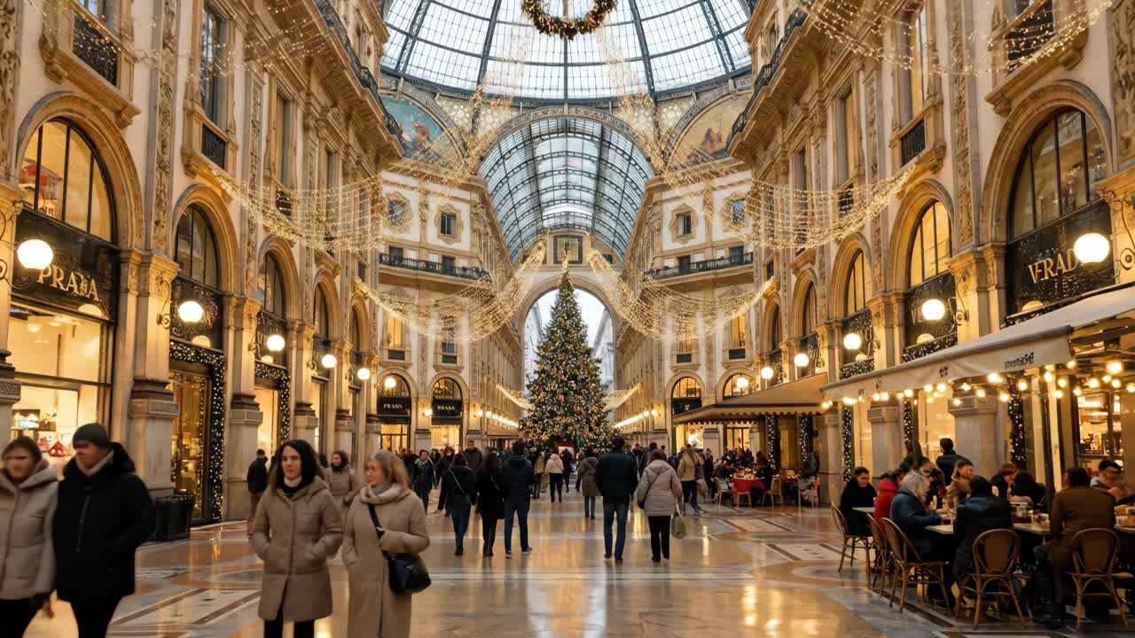Festive Christmas Tree and Shoppers in Milan's Historic Galleria