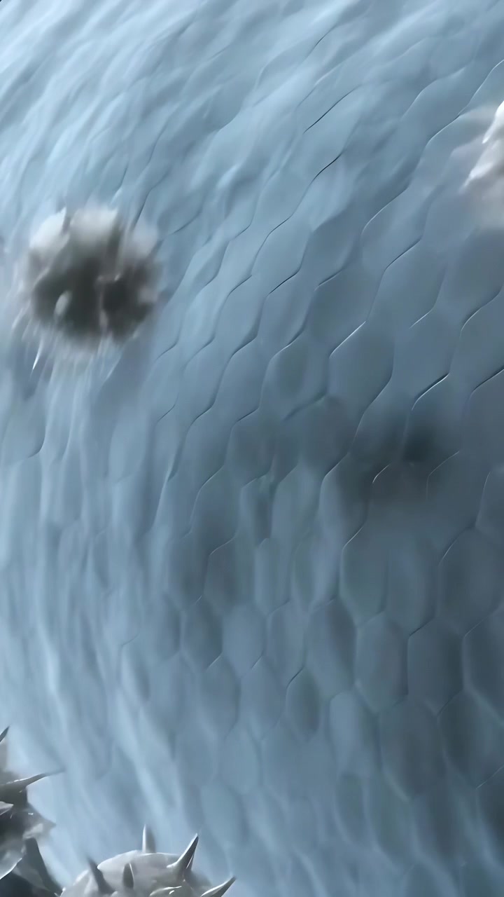 Video verticale: Particelle appuntite che fluttuano e colpiscono, dopo un'ondata, una membrana esagonale in un fluido, aderendovi.