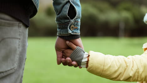 parent, father or child holding hands in park