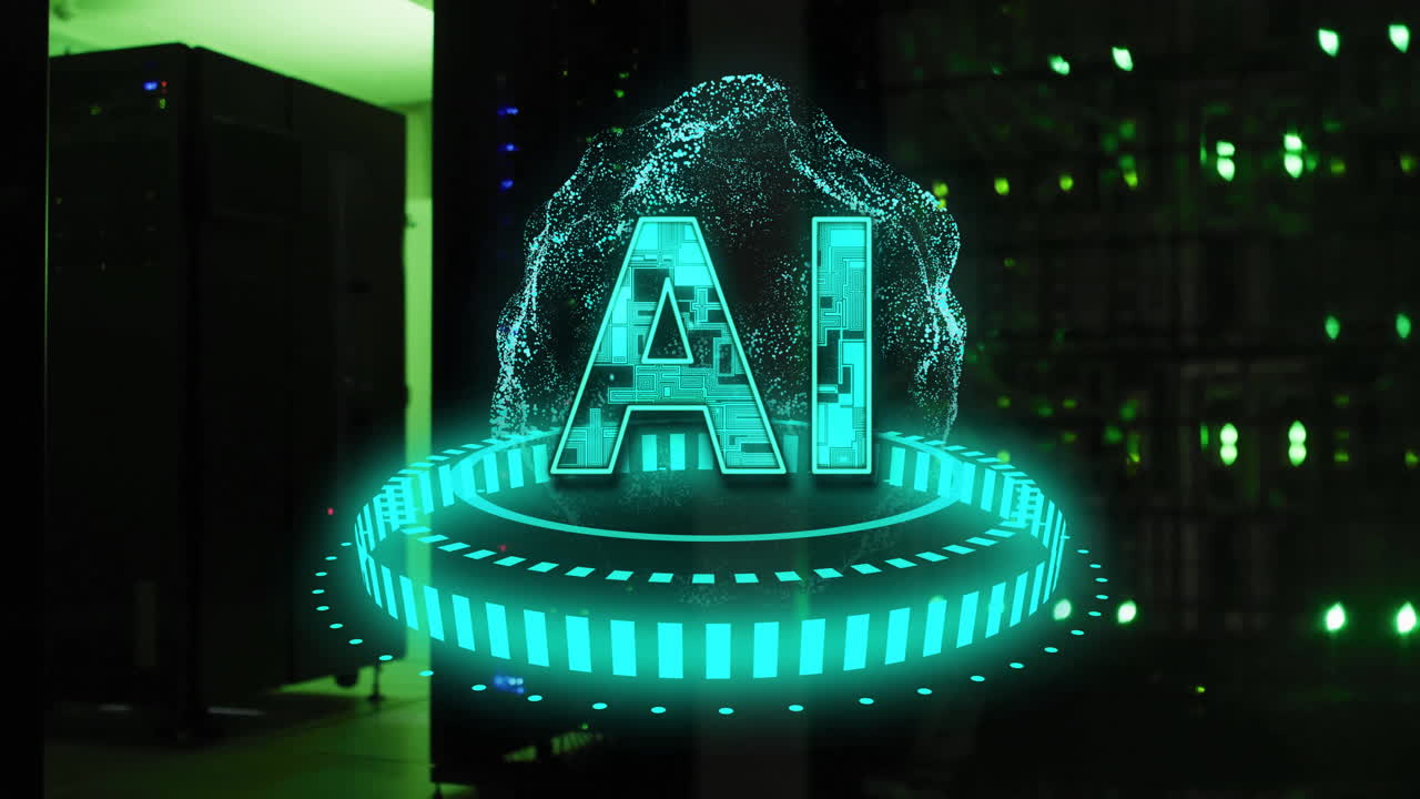 texto y animación de circuitos futuristas sobre el fondo de la sala del servidor