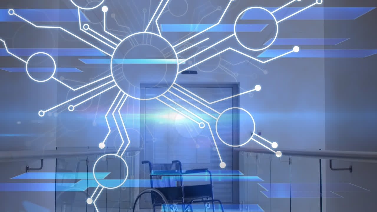 animación de la red de conexiones y formas sobre silla de ruedas en el hospital
