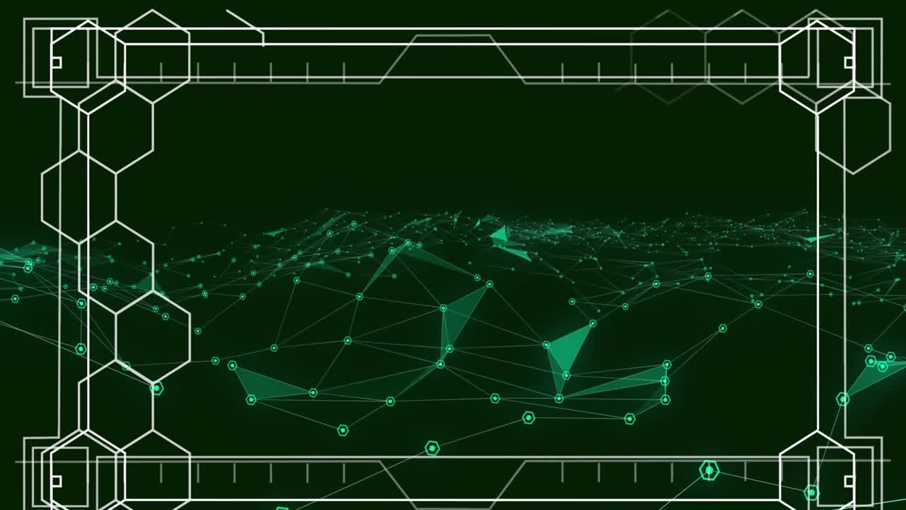Animation of screen with hexagons and network of connections over green background