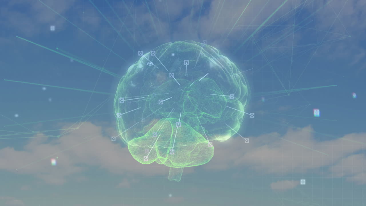 Animation of digital brain hologram with data points in cloudy sky background