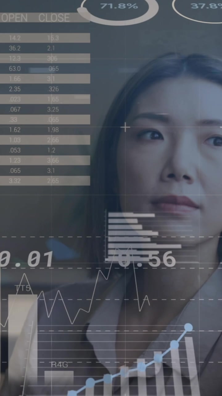 Animazione di elaborazione dati finanziari su una donna d'affari asiatica in ufficio