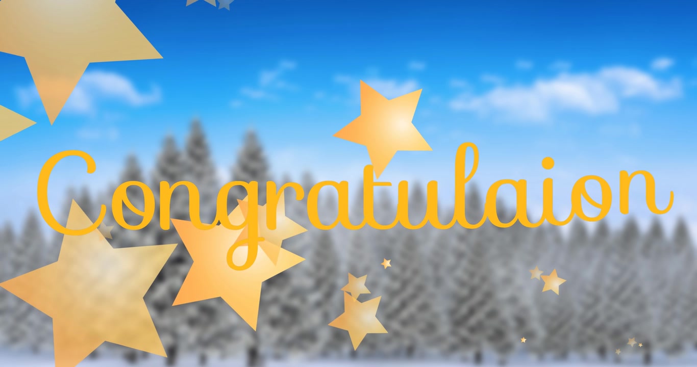 Animation of golden stars and congratulations text banner against winter landscape