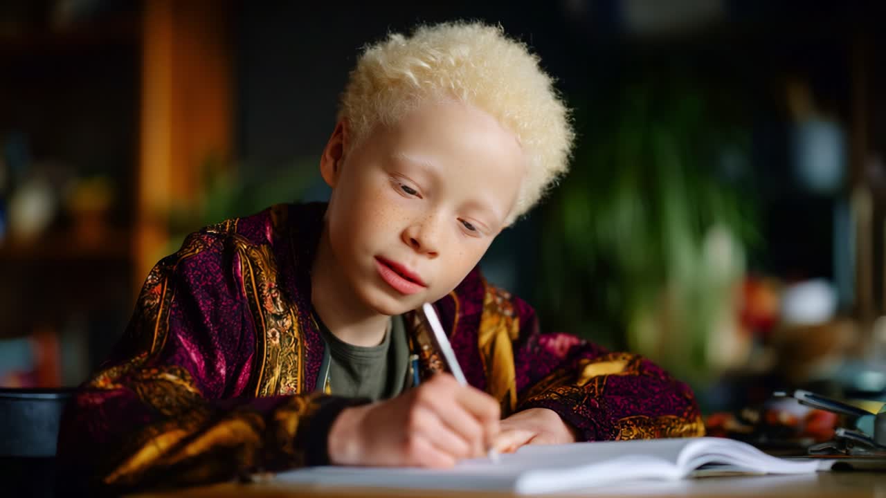 A focused young child with curly blonde hair writes intently in a notebook, showcasing creativity and concentration in a bright, inviting indoor setting
