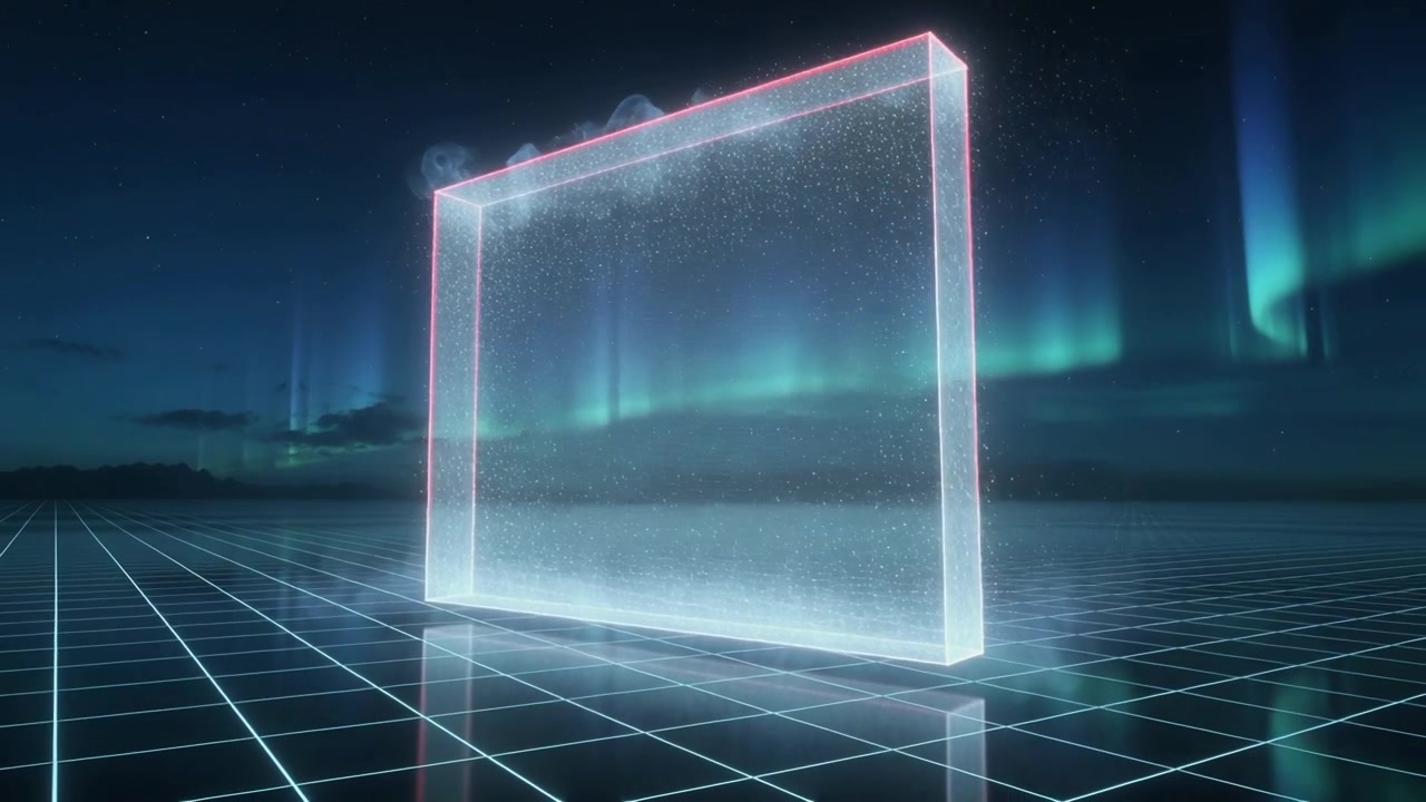 Glowing glass prism emitting particles, camera dollying closer to reveal pink rim on neon grid