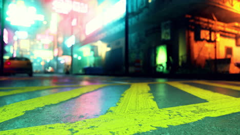vibrant city street at night with colorful lights and wet pavement