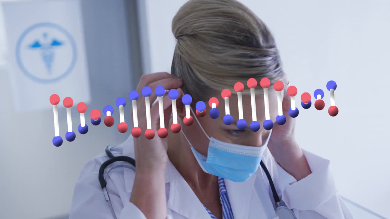 Adjusting mask, healthcare professional with DNA strand animation overlay in lab