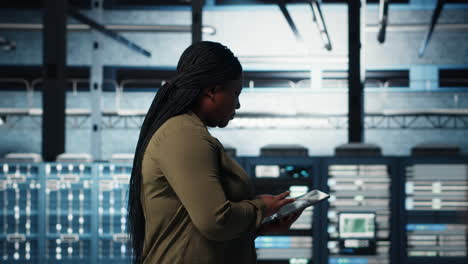 data center technician monitors data center metrics on tablet
