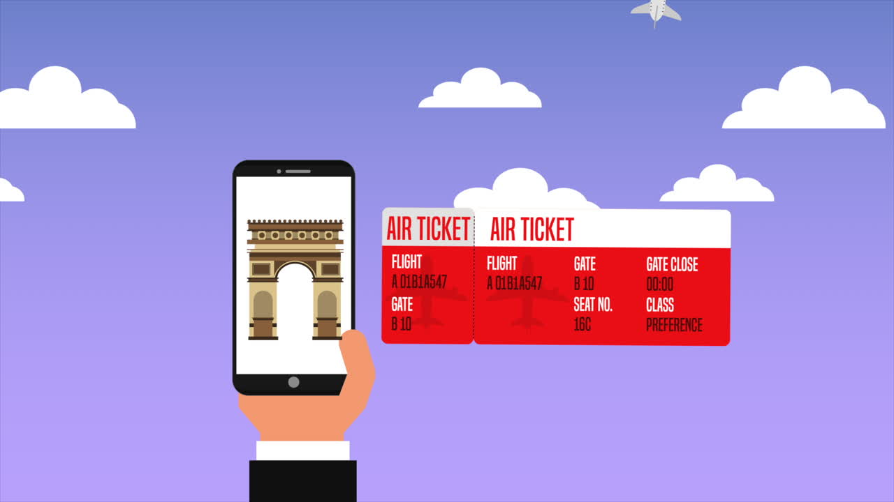 스마트폰과 여행용품 애니메이션을 손에 들고