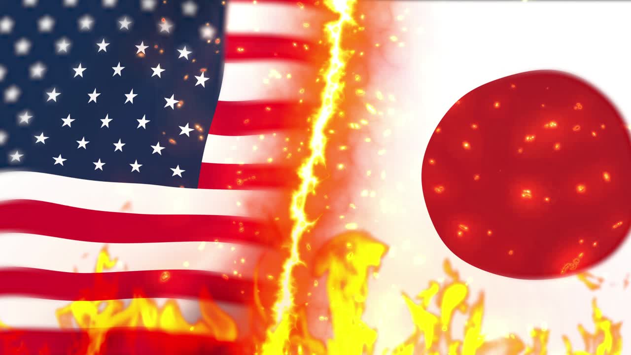 America versus Japan flag on fire loop animation