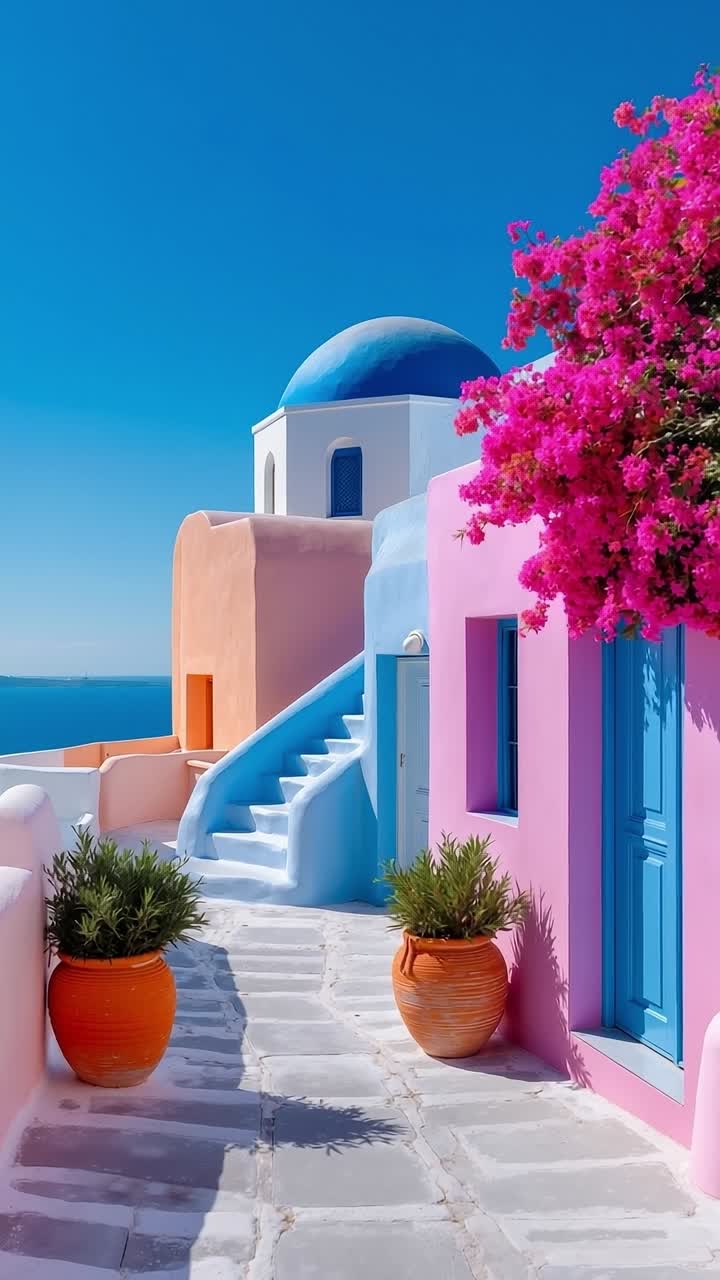 A pink and blue building with a blue dome on top of it