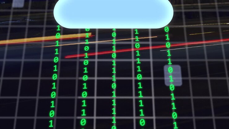 Animazione di icone di nuvola, di rete e di globo su schermo con codice binario su una griglia.