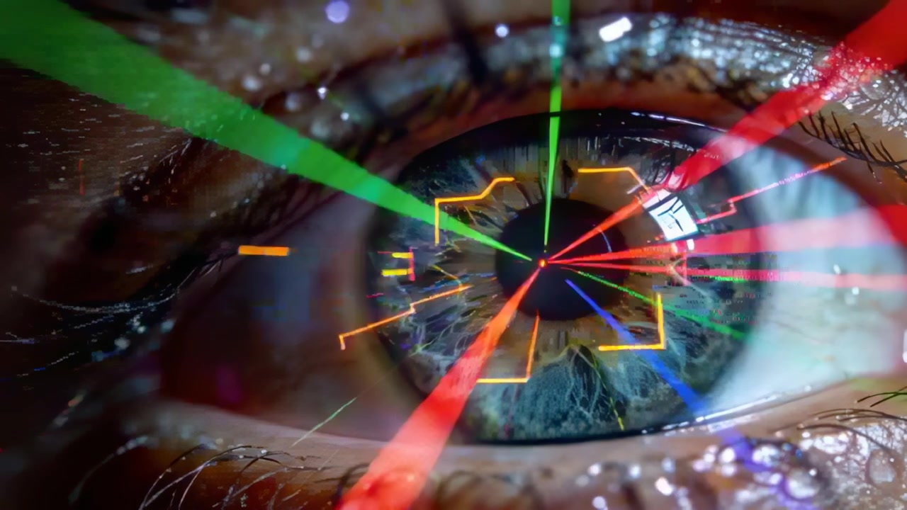 Activating glowing HUD scanning eye in closeup, with iris pupil corneal reflections for targeting