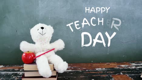 Animation-of-happy-teachers-day-text-over-bear-and-board