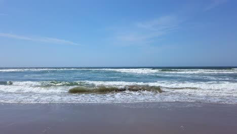 blue ocean waves on the sandy beach and clear blue sky