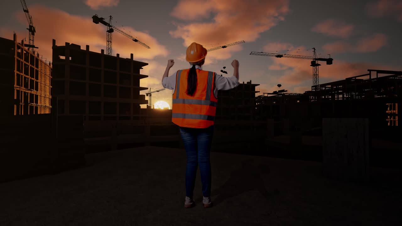 Full Body Back View Of A Female Engineer With Safety Helmet Raising Her Hands Celebrating While Working At Construction Site in Progress to New House