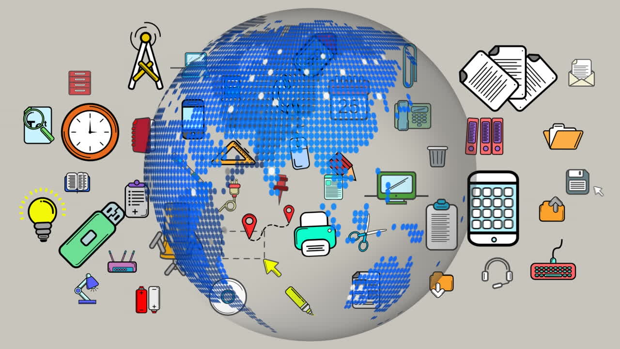 베이지색 배경에 전 세계 다양한 비즈니스 아이콘의 애니메이션