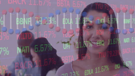 animación de cadenas de adn y estadísticas, procesamiento de datos sobre una mujer de negocios usando una tableta