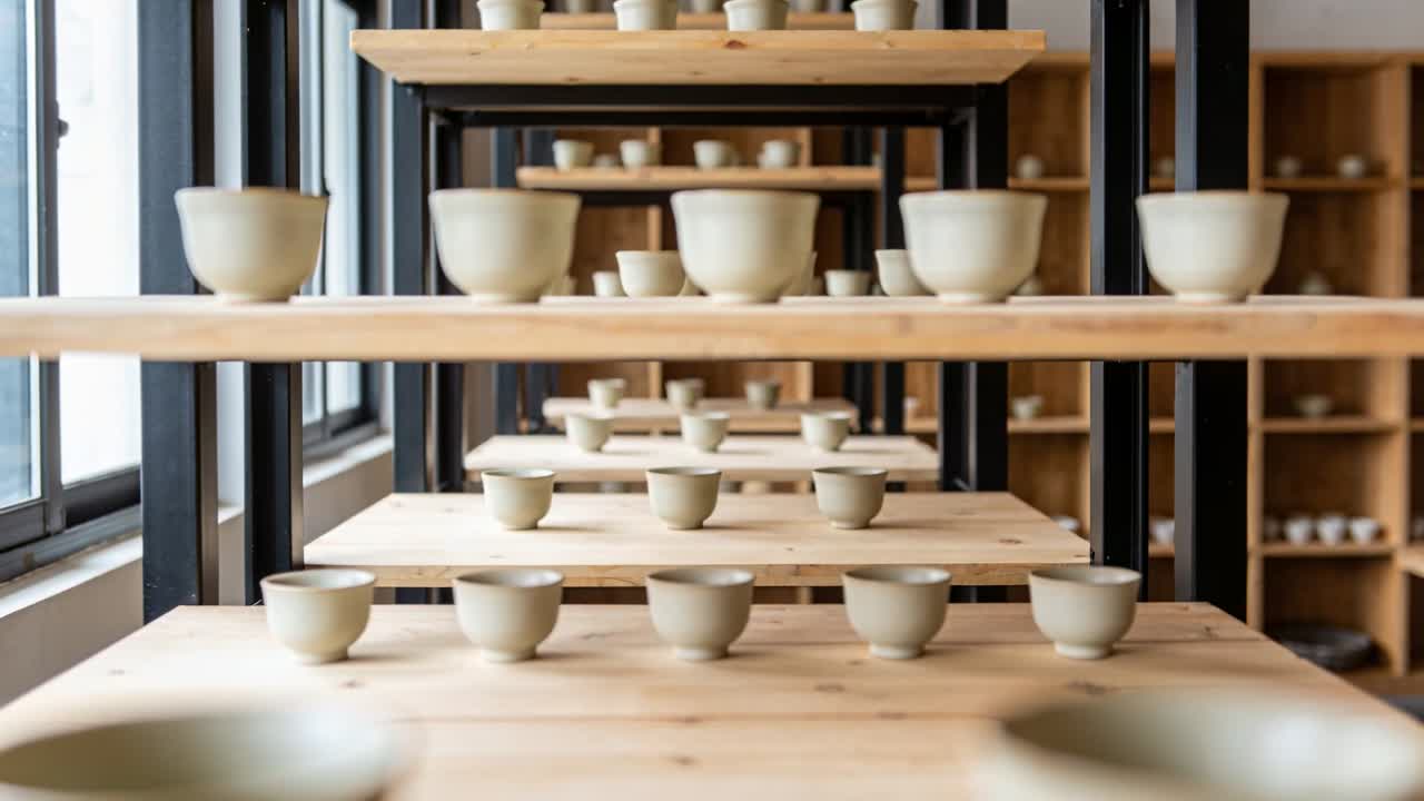 Telecamera che sposta la messa a fuoco lungo l'asse, rivelando ciotole sugli scaffali, mettendo in risalto la profondità in uno studio di ceramica.