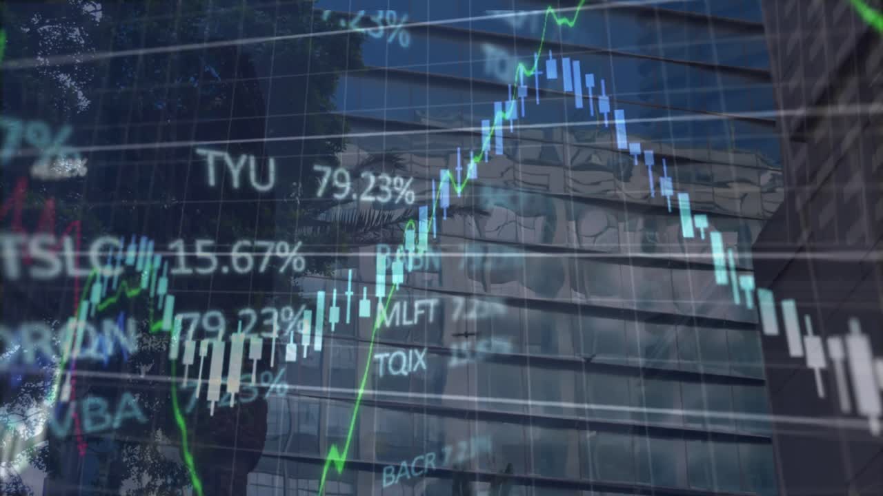 animación de datos financieros y gráficos sobre edificios de la ciudad