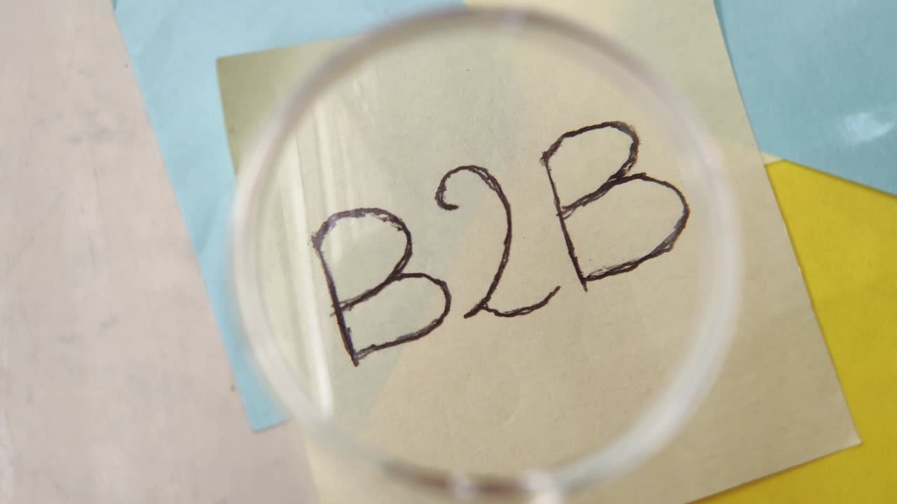 Sticky note with B2B word. B2B message concept with magnifier